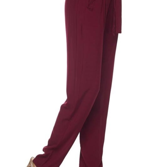 Ruffle Waist Drawstring Burgandy Trousers - Picture 2 of 3